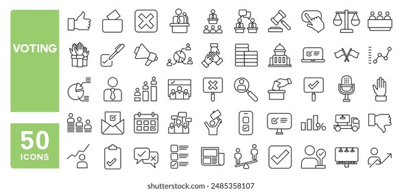 Set of 50 line icons related to voting, election, democracy, voter, political, Editable stroke. Vector illustration