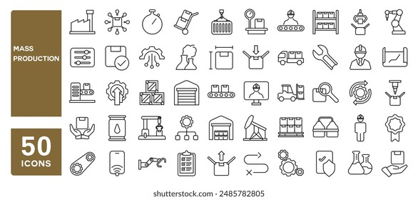 Conjunto de 50 iconos de línea relacionados con la producción en masa, fabricación, fábrica, automatización, equipo industrial, trazo editable. Ilustración vectorial