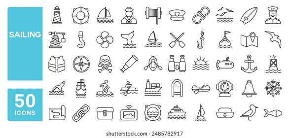 Set of 50 line icons related to sailing, sea travel, nautical, boat, water transport, marine, water sport, Editable stroke. Vector illustration