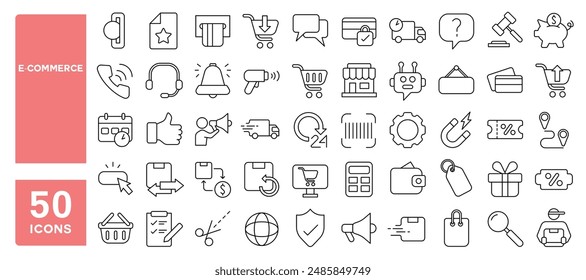 Conjunto de 50 iconos de línea relacionados con el comercio electrónico, compras en línea, Elementos de entrega, supermercado, venta, regalos, App de tienda, trazo editable. Ilustración vectorial