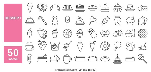 Set of 50 line icons related to dessert, sweets, waffle, cake, candy, ice cream, cupcake, chocolate, Editable stroke. Vector illustration