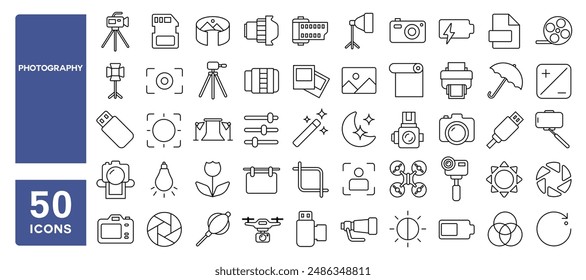 Conjunto de 50 iconos de línea relacionados con la Fotografía, cámara, disparo, lente de la foto, obturador, iluminación, tarjeta de memoria, softbox, trazo editable. Ilustración vectorial