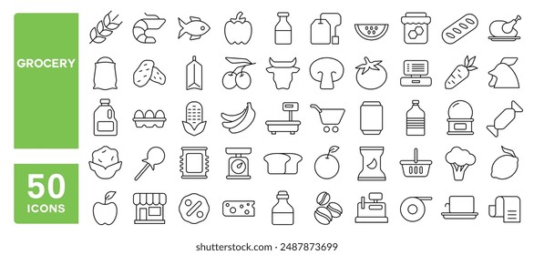 Conjunto de 50 iconos de línea relacionados con la tienda de comestibles, lácteos, productos alimenticios, supermercado, aperitivos, cesta de consumo, trazo editable. Ilustración vectorial