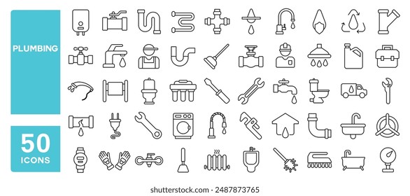 Conjunto de 50 iconos de línea relacionados con plomería, tubería, medidor de agua, fregadero, calentador, calefacción, inodoro, ducha, trazo editable. Ilustración vectorial