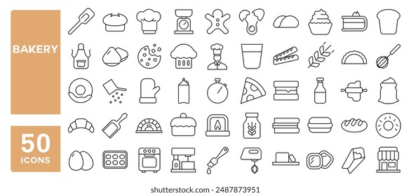 Set of 50 line icons related to bakery, bread, baguette, wheat, whisk, baking, oven, toast, Editable stroke. Vector illustration