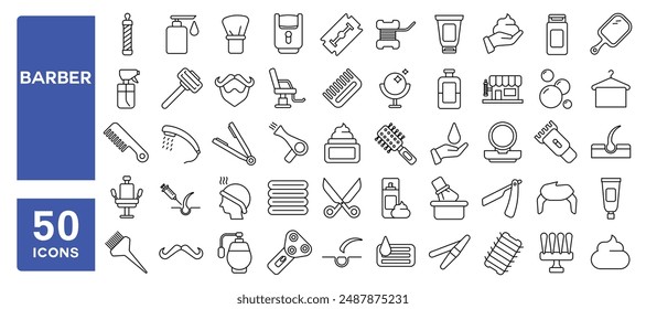 Set of 50 line icons related to barber, salon, hair cut, dryer, scissors, mirror, shampoo, Editable stroke. Vector illustration