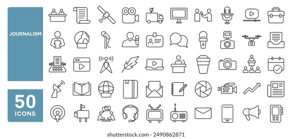 Conjunto de 50 iconos de línea relacionados con el periodismo, noticias, prensa, entrevista, periódico, medios de comunicación, micrófono, trazo editable. Ilustración vectorial