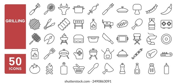 Set of 50 line icons related to grilling, barbecue, steak meat, outdoor food, butcher, Editable stroke. Vector illustration