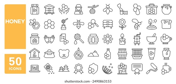 Conjunto de 50 iconos de línea relacionados con miel, abeja, dopador de madera, apicultor, panal, tarro de vidrio, trazo editable. Ilustración vectorial