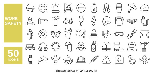 Conjunto de 50 iconos de línea relacionados con la seguridad en el trabajo, trabajo, seguridad ocupacional, equipo de protección, accidente, lesión laboral, accidente cerebrovascular editable. Ilustración vectorial