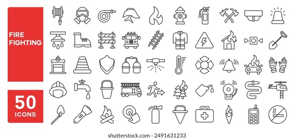 Set of 50 line icons related to fire fighting, precautions, emergency, fireman, hose hydrant, burn, rescue, Editable stroke. Vector illustration