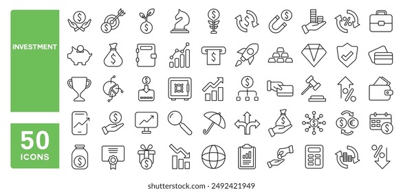 Conjunto de 50 iconos de línea relacionados con la inversión, ingresos, salario, economía, ganancias, inversor, ganancia financiera, trazo editable. Ilustración vectorial