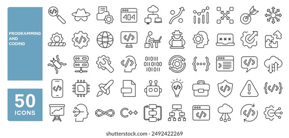 Conjunto de 50 iconos de línea relacionados con la programación y codificación, desarrollo de software, operaciones de TI, tecnología de la información, código de escritura, trazo editable. Ilustración vectorial