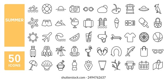 Set of 50 line icons related to summer, beach, holiday, tour, tropical, vacation, Editable stroke. Vector illustration