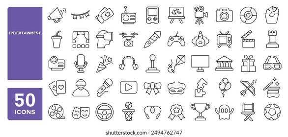 Set of 50 line icons related to entertainment, hobby, lifestyle, movie, theater, games, Editable stroke. Vector illustration