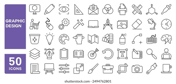 Conjunto de 50 iconos de línea relacionados con el Diseño gráfico, dibujo, creatividad, bocetos, ilustración, paleta, pintura, trazo editable. Ilustración vectorial