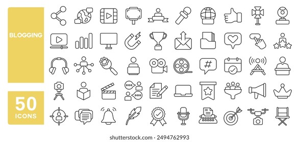 Set of 50 line icons related to blogging, content creation, influencer, vlogger, media, blogger, Editable stroke. Vector illustration