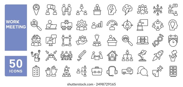 Conjunto de 50 iconos de línea relacionados con reuniones de trabajo, conferencias, lluvia de ideas, comunicación, presentación, oficina, negocios, gestión, trazo editable. Ilustración vectorial