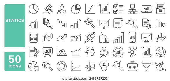 Conjunto de 50 iconos de línea relacionados con la estática, gráfico, gráfico, crecimiento, ciencia de datos, análisis, trazo editable. Ilustración vectorial