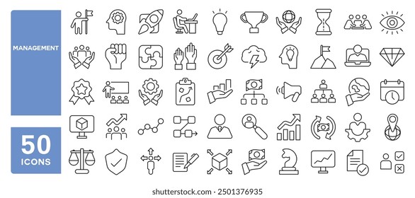 Conjunto de 50 iconos de línea relacionados con la gestión, organización, negocio, estrategia, formación, planificación, gerente, empleado, trazo editable. Ilustración vectorial