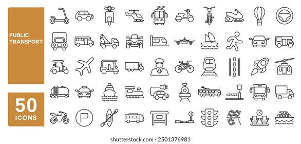 Set of 50 line icons related to public transport, taxi, train, tram, bus, airplane, car, ship, scooter, parking, Editable stroke. Vector illustration