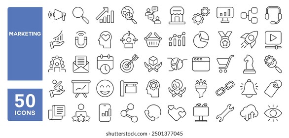 Set of 50 line icons related to marketing, digital marketing, seo, advertising, promotion, business, sales, Editable stroke. Vector illustration