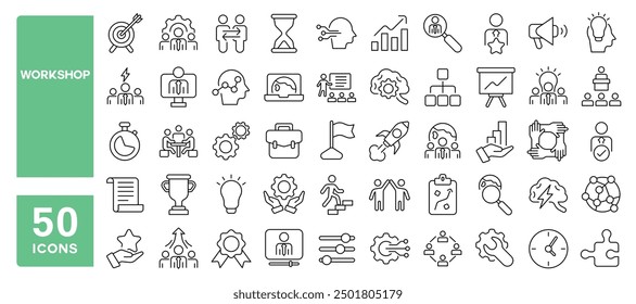 Set of 50 line icons related to workshop, coaching, motivation, business, teamwork, managing, meeting, Editable stroke. Vector illustration
