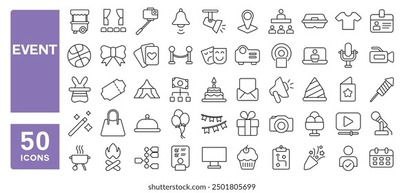 Conjunto de 50 iconos de línea relacionados con eventos, planificación de eventos, catering, fiesta, celebración, boleto, invitación, fuegos artificiales, trazo editable. Ilustración vectorial