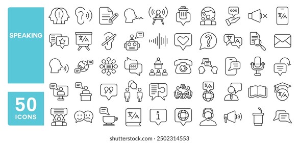 Set of 50 line icons related to speaking, language, communication, speech, dictionary, talking, consultation, conversation, Editable stroke. Vector illustration