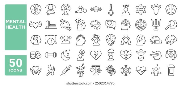 Set of 50 line icons related to mental health, depression, bipolar, psychology, disorder, brain, positive thinking, panic fear, wellness, Editable stroke. Vector illustration