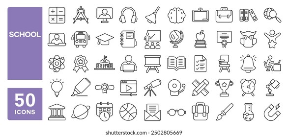 Set of 50 line icons related to school, classroom, student, teacher, education, study, knowledge, Learning, Editable stroke. Vector illustration