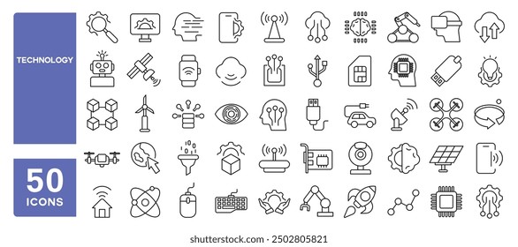 Conjunto de 50 iconos de línea relacionados con la tecnología, robótica, automatización, big data, mecánica, IA, computación, trazo editable. Ilustración vectorial