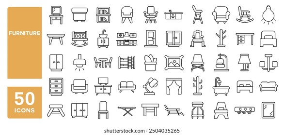 Set of 50 line icons related to furniture, table, bed, sofa, chair, lamp, wardrobe, mirror, desk, kitchen, ladder, Editable stroke. Vector illustration