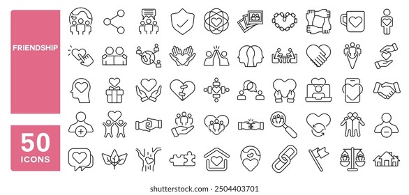 Set of 50 line icons related to friendship, relationships, support, friend, socialize, mutual assistance, interaction, Editable stroke. Vector illustration