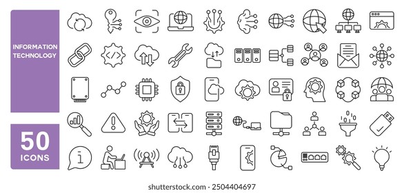 Set of 50 line icons related to information technology, big data, cloud computing, cloud services, server, cyber security, digital transformation, Editable stroke. Vector illustration