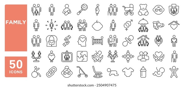 Set of 50 line icons related to family, parents, mother, father, son, daughter, children, baby, grandparents, grandfather, grandmother, Editable stroke. Vector illustration