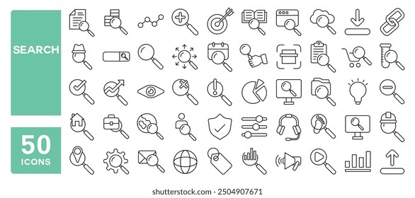 Set of 50 line icons related to search, magnifying glass, find, research, SEO, investigation, magnifier, inspection, detect, responsibility, Editable stroke. Vector illustration