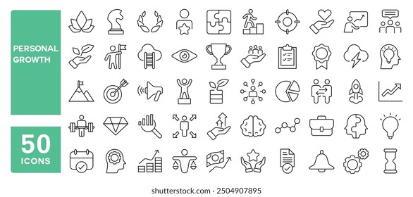 Set of 50 line icons related to personal growth, success, growth, skill, improvement, empathy, strategy, vision, responsibility, Editable stroke. Vector illustration