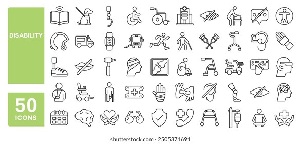 Conjunto de 50 iconos de línea relacionados con la discapacidad, accesibilidad, ciego, discapacitado, sordo, silla de ruedas, lisiado, roto, dispositivo de asistencia, golpe editable. Ilustración vectorial