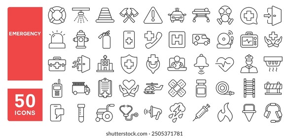 Set of 50 line icons related to emergency, first aid, medical, exit, hospital, lifebuoy, accident, evacuation, ambulance, help, hotline, Editable stroke. Vector illustration