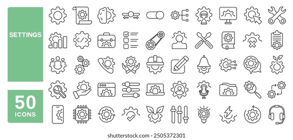 Set of 50 line icons related to settings, gear, configuration, preferences, adjustments, optimization, control panel, maintenance, service, tools, wrench, Editable stroke. Vector illustration