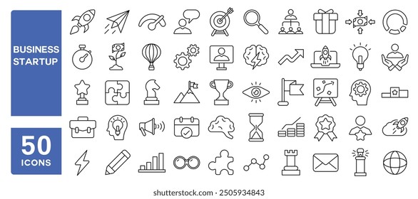 Conjunto de 50 iconos de línea relacionados con el inicio de negocios, invertir, lanzamiento, financiación, desarrollo, innovación, visión, emprendimiento, trazo editable. Ilustración vectorial