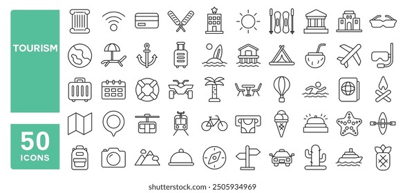 Set von 50 Linien Icons im Zusammenhang mit Tourismus, Urlaub, Urlaub, Reisen, Freizeit, Erholung, Tour, Entspannung, Strand, Flugzeug, Editable Stroke. Vektorgrafik