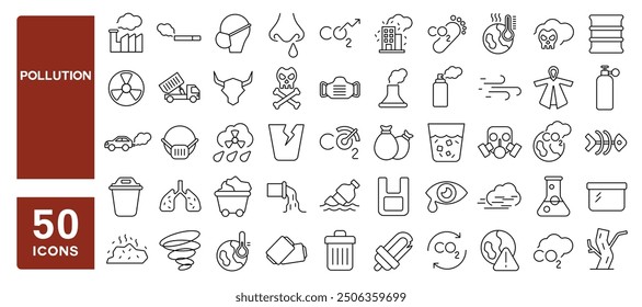 Set von 50 Linien Icons bezogen auf Verschmutzung, Auto Auspuff, Kohlendioxid, Abfall, Abwasser, Staub, Lärm, net zero, Maske, Smog, Editable Stroke. Vektorgrafik