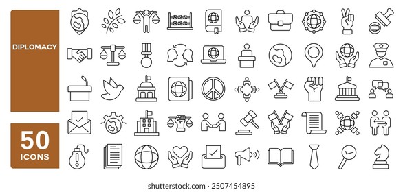 Set of 50 line icons related to diplomacy, diplomat, summit, political, international relations, ambassador, negotiation, embassy, consulate, Editable stroke. Vector illustration