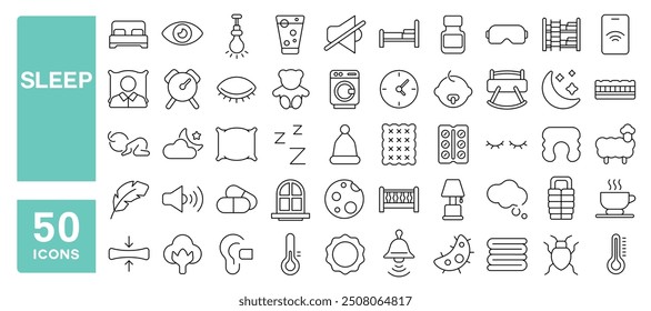 Set of 50 line icons related to sleep, pillow, bed, alarm, sleeping, bedroom, clock, insomnia, pills, mattress, glasses, night, rest, Editable stroke. Vector illustration