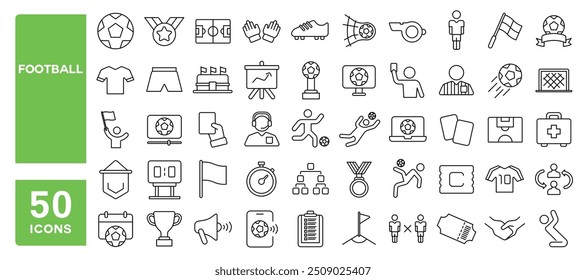 Set of 50 line icons related to football, soccer, player, team, stadium, referee, goal, trophy, goalkeeper, kick, flag, cards, Editable stroke. Vector illustration