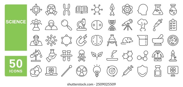 Conjunto de 50 iconos de línea relacionados con la ciencia, microscopio, frasco, átomo, tubo de ensayo, laboratorio, biología, investigación, experimento, cristalería, química, carrera editable. Ilustración vectorial