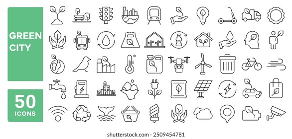 Set of 50 line icons related to green city, renewable energy, zero waste, eco, fresh air, pure water, electric vehicles, recycling, environment, bike, landscape, Editable stroke. Vector illustration