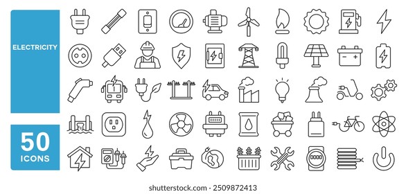 Set von 50 Linien Icons in Bezug auf Strom, Energie, Turm, Lichter, Draht, Ladung, Fahrzeuge, Strom, Station, Kraftstoff, Solarzelle, Batterie, Wasserkraft, Editable Stroke. Vektorgrafik